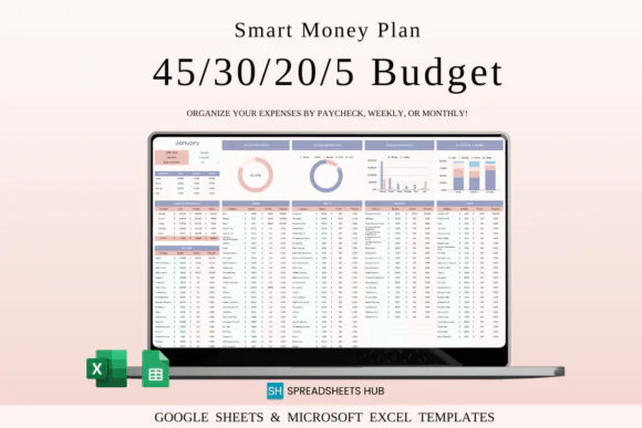 45/30/20/5 Budget Spreadsheet Template, Smart Money Plan, Google Sheets & Excel Personal Finance Tracker, Essentials Wants Savings and Debt Repayment Budget Worksheet