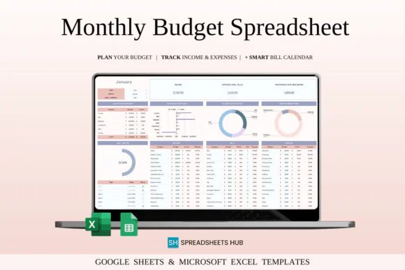Monthly Budget Spreadsheet Excel & Google Sheets Template, Personal Finance Planner, Expense Tracker, Bill Payment Calendar, Debt Payoff Tracker, Savings Goal Tracker, Household Budget Organizer, Edit