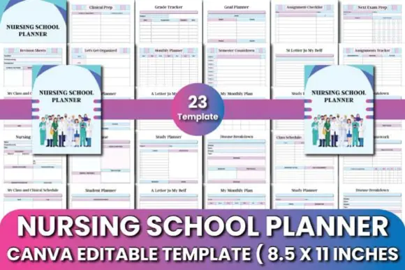 Nursing School Planner Canva Templates – Editable Nursing Student Planner, Clinical Prep Workbook, Grade Tracker, Assignment Checklist, Exam Prep Planner & KDP Interior PDF