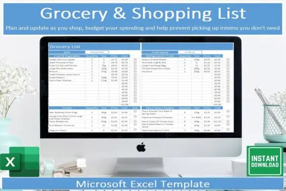 Editable Grocery List Template – Excel Shopping List Spreadsheet, Grocery Budget Planner, Supermarket Checklist, Section-Wise Shopping Tracker, Automated Totals & Currency Selector