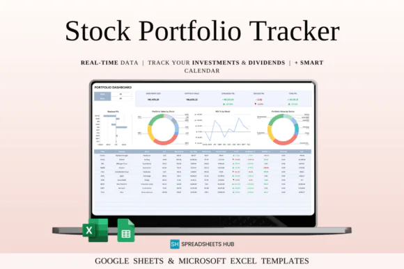 Stock Portfolio Tracker Spreadsheet for Google Sheets & Excel – Investment Portfolio Dashboard, Live Market Data Tracker, Stock Watchlist, ROI Calculator, Dividend Tracker, Tax Record Organizer & Mult