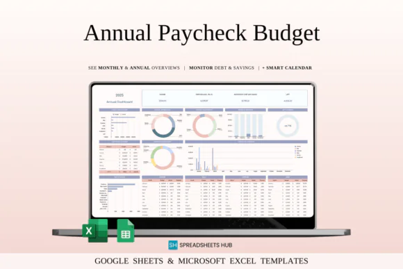 Annual Budget by Paycheck Spreadsheet for Excel & Google Sheets, Yearly Paycheck Budget Planner, Weekly Biweekly Monthly Income Tracker, Expense Organizer, Debt Management Tracker, Savings Planner and