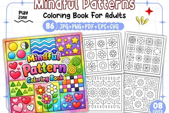 Adults Mindful Patterns Coloring Pages – 86 Printable Mandala & Relaxing Pattern Coloring Sheets for Adults | PDF PNG JPG SVG EPS | Stress Relief Coloring Book