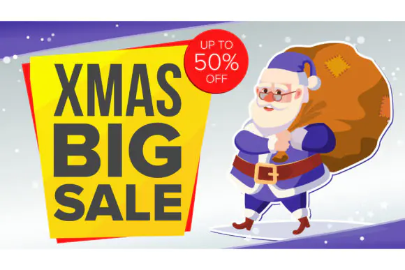 Big Christmas Sale Banner with Happy Santa Claus Vector Illustration | Holiday Sale Announcement Design with JPG & EPS Files for Web, Flyers, Xmas Cards, Advertising, Promotions & Business Marketing