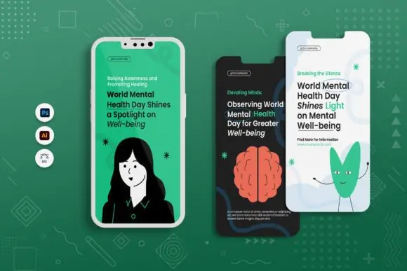 Mental Health Instagram Story Templates – 6 Editable Wellness Social Media Story Designs, Therapy & Self-Care Awareness Graphics, Psychology Instagram Templates, PSD AI EPS Files for Counselors, Coach