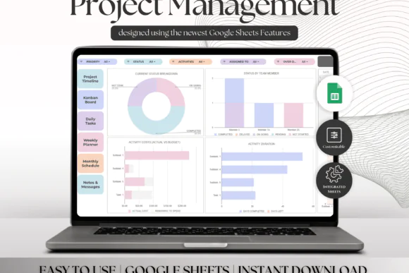 Project Management Spreadsheet – Editable Google Sheets Project Planner, Gantt Timeline, Kanban Board, Task Dashboard, Daily Weekly Monthly Planner, Team Task Tracker & Business Productivity Tool