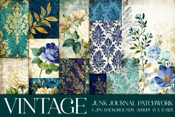 Junk Journal Patchwork Backgrounds S10 – Vintage Floral Patchwork Digital Papers, Rustic Scrapbook Backgrounds, Printable Country Style Textures for Crafts & Sublimation