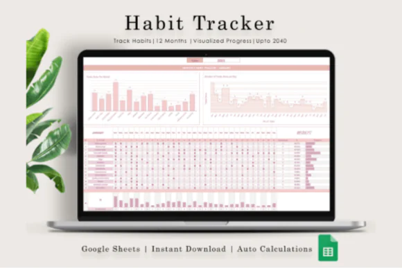 Habit Tracker Spreadsheet for Google Sheets, Daily Weekly Monthly Habit Planner, Goal Tracker, Routine Organizer, Progress Charts, 12 Reusable Monthly Templates and Digital Productivity Planner