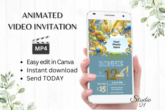 Construction Birthday Party Animated Invitation Template | Canva Video Evite for Kids | Editable Construction Truck Birthday Invite | Digital MP4 Party Invitation