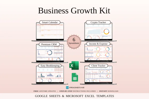 Business Growth Kit – 6 Spreadsheet Templates for Excel & Google Sheets, Business Management Toolkit, Bookkeeping Tracker, Client Tracker, CRM Spreadsheet, Bill Calendar, Income Expense Tracker & Cryp