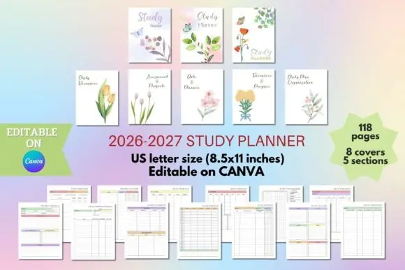 2026–2027 Study Planner Canva Template, Editable Academic Planner, Student Goal Planner, Assignment Tracker, Exam Revision Planner, Study Schedule, GPA Tracker, Course Planner, Printable Study Journal