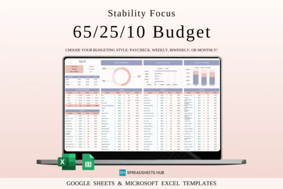 65/25/10 Budget Spreadsheet Template – Stability Focus Monthly Finance Planner for Google Sheets & Excel, Personal Budget Tracker, Needs Wants Savings Planner, Expense Organizer & Money Management Tem
