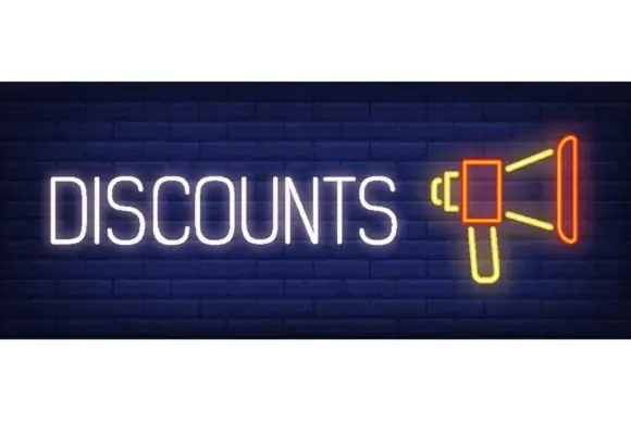 Discounts Neon Text with Loudspeaker Vector Illustration | Bright Sale Announcement Neon Sign Graphic for Advertisements, Billboards, Light Banners, Social Media Promos, Website Headers & Marketing Ca