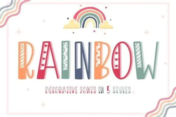 Rainbow Decorative Font | Cute 5-Style Fun Typeface with Circle, Line, Star, Heart & Regular Styles for Mugs, Shirts, Cards, Banners & Social Media Designs