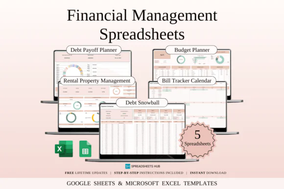 Financial Management Spreadsheets Bundle – Excel & Google Sheets Stylish Finance Organizer, Debt Payoff Tracker, Bill Calendar, Debt Snowball Planner, Rental Property Manager & Monthly Budget Template