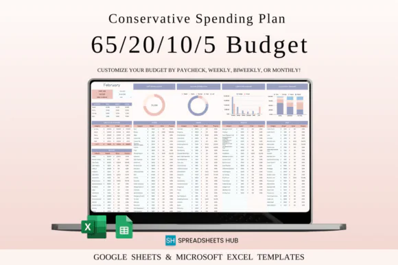65/20/10/5 Budget Spreadsheet Template, Conservative Spending Plan, Google Sheets & Excel Personal Finance Tracker, Needs Wants Savings and Debt Repayment Budget Worksheet
