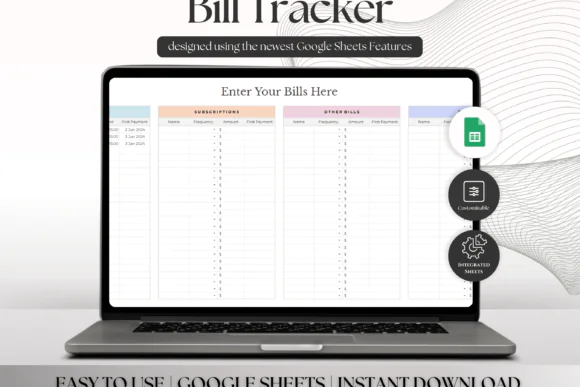 Bill Tracker Spreadsheet – Editable Google Sheets Bill Payment Planner, Expense Log, Subscription Tracker, Automatic Bill Calendar, Monthly Totals Dashboard & Due Date Organizer