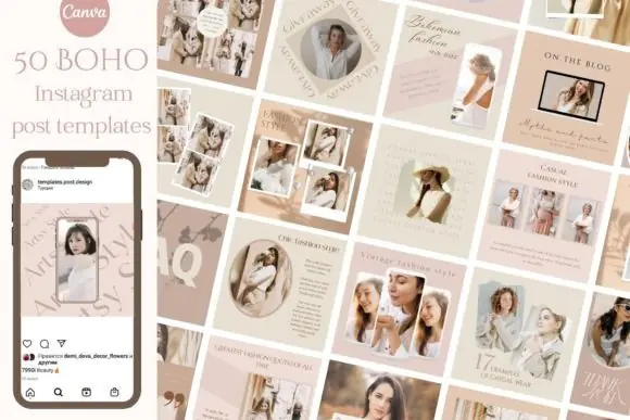 50 Neutral Instagram Post Templates | Editable Canva Boho Social Media Templates for Bloggers, Coaches, Small Businesses, Influencers & Brand Marketing