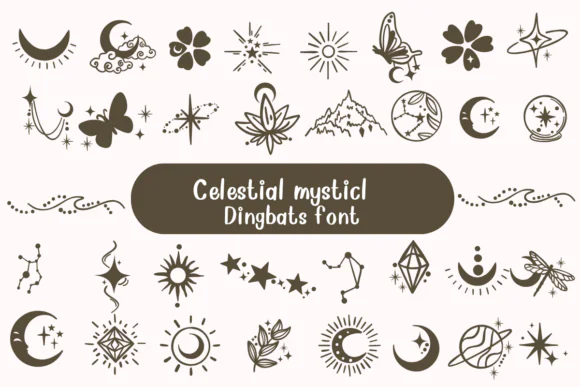 Celestial Mystical Font | Magical Celestial Dingbat Typeface for Procreate, Affinity, Coloring Pages, Doodle Designs, Stickers, Posters & Mystical Art Projects