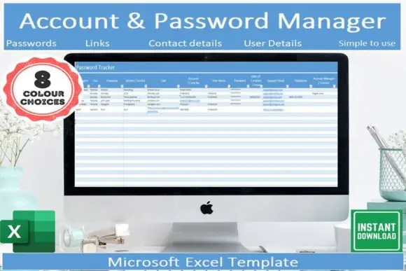 Account and Password Tracker Excel Template – Simple Login Details Organizer, Password List Spreadsheet, Account Information Manager, 8 Color Scheme Password Tool, Sortable Searchable Account Tracker