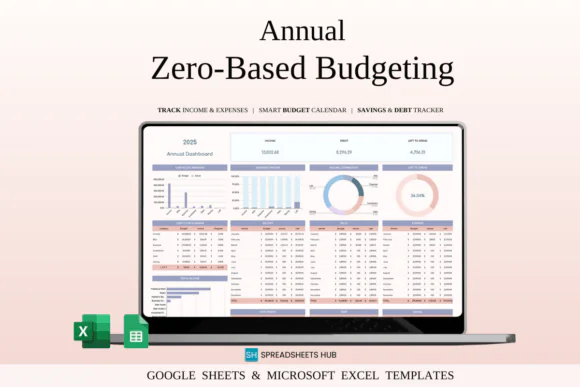 Annual Zero-Based Budget Spreadsheet – Yearly Budget Planner for Excel & Google Sheets, Monthly Income & Expense Tracker, Savings Goal Planner, Debt Payoff Tracker & Personal Finance Budget Template