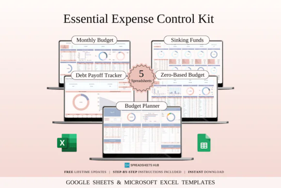 Essential Expense Control Kit Spreadsheet Bundle – Excel & Google Sheets Smart Expense Planner, Monthly Budget Sheet, Sinking Funds Tracker, Debt Dashboard, Zero-Based Budget & Quick Budget Planner