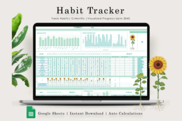 Habit Tracker Spreadsheet for Google Sheets, Sunflower Habit Tracker, Monthly Goal Planner, Daily Weekly Monthly Habit Planner, Streak Tracker, Progress Charts, Blush Pink Digital Productivity Templat