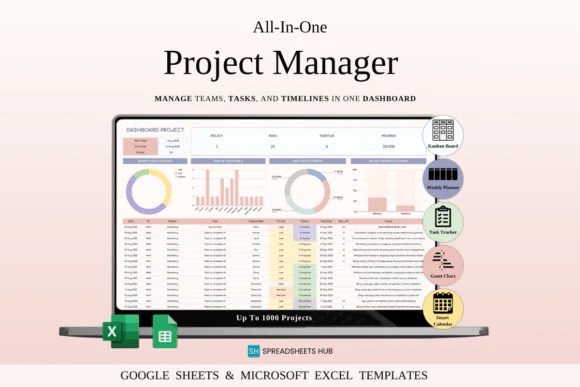 Project Management Spreadsheet Template for Google Sheets & Excel, Task Tracker, Kanban Board, Gantt Timeline, Project Dashboard, Weekly Planner, Dynamic Calendar, Team Assignment Tracker, Workflow Or