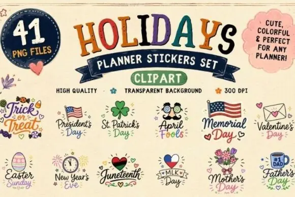 Holiday Planner Stickers Clipart PNG Bundle | Cute Seasonal Holiday Sticker Designs | Hand Drawn Planner PNGs for Cricut, Sublimation, Scrapbooking & Printable Crafts