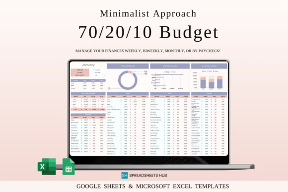 70/20/10 Monthly Budget Spreadsheet for Excel & Google Sheets, Minimalist Budget Planner, Essentials Lifestyle Savings Tracker, Personal Finance Organizer, Simple Money Management Template and Monthly