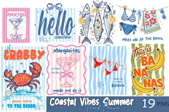 Coastal Vibes Summer Hand Drawn Bundle PNG, Beachy Sublimation Graphics, Cute Coastal Aesthetic Illustrations, Trendy Summer Vacation Design Set for Crafts