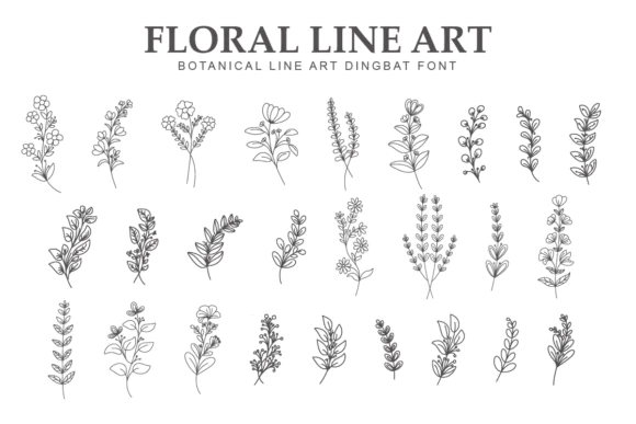 Floral Line Art Dingbat Font | Hand-Drawn Botanical Line Art Typeface for Wedding Stationery, Branding, Tattoo Mockups, Textile Prints, Borders & Elegant Floral Designs