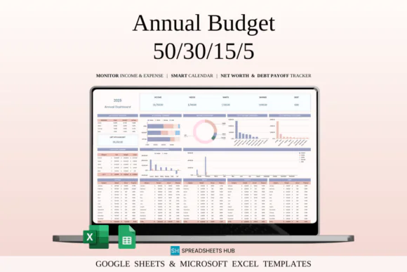 50/30/15/5 Annual Budget Spreadsheet Template, Yearly Budget Planner, Google Sheets & Excel Finance Tracker, Needs Wants Savings Debt Repayment Planner, Personal Money Management Worksheet