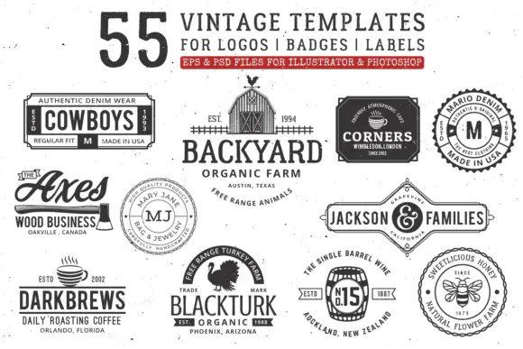 Vintage Logo Templates Bundle | 55 Retro Business Logo Designs EPS PSD JPG | Classic Branding Kit for Restaurants, Barber Shops, Cafes & Small Businesses