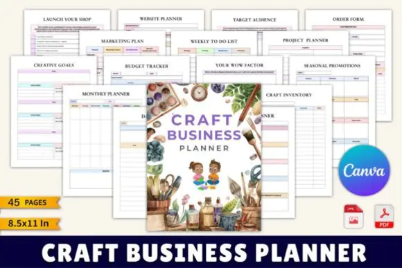 Craft Business Planner Canva Template – Handmade Business Organizer, Printable Craft Seller Planner, Income Tracker, Inventory Sheet, Order Form, Marketing Planner & Creative Business Workbook