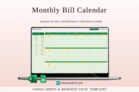 Monthly Bill Calendar Spreadsheet for Excel & Google Sheets, Green Theme Bill Payment Tracker, Due Date Calendar, Paid and Unpaid Bills Organizer, Multi-Currency Expense Planner and 10-Year Budget Tra
