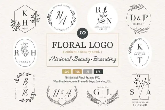 Minimal Floral Editable Logo Bundle | Botanical Wedding Monogram SVG PNG EPS AI | Elegant Feminine Branding Kit for Boutique, Beauty & Creative Businesses