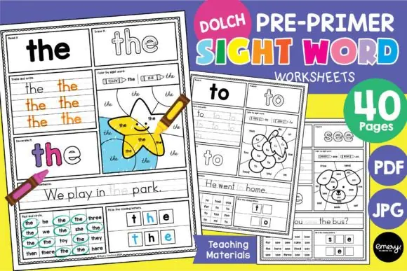 Preschool Dolch Sight Word Worksheets Bundle | 40 Pre-Primer Sight Words Activities | Learn to Read, Write, Trace, Color & Recognize High-Frequency Words | Printable PDF & JPEG Homeschool Literacy Res