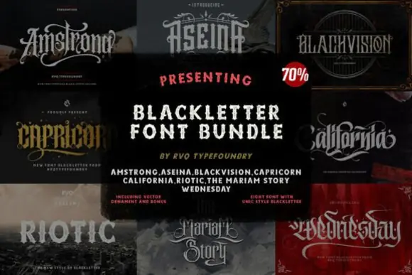 Blackletter Bundle Font | 8 Gothic Typeface Collection with Vector Ornaments for Logos, Streetwear Branding, Posters, Brewery Labels, Album Covers & Medieval Designs