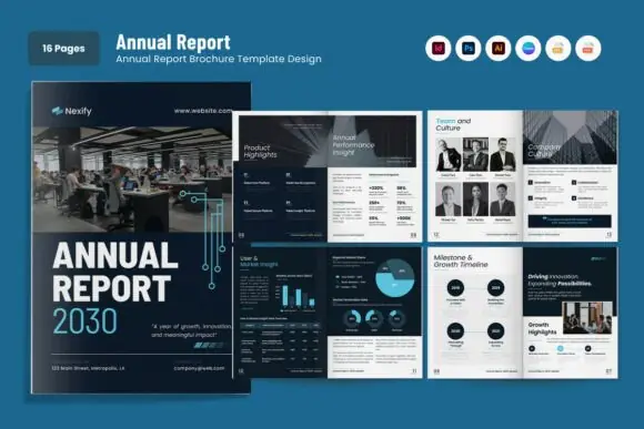 SaaS Product Launch Annual Report Brochure Template – 16-Page Editable Tech Startup Report, KPI Dashboard Brochure, Investor Presentation, Business Performance Report & Canva Adobe Template