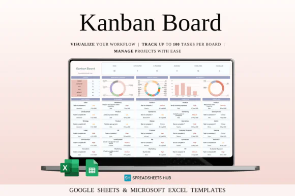Kanban Board Spreadsheet Template for Google Sheets & Excel, Visual Task Manager, Project Workflow Planner, Status Tracker, Smart Filters, Deadline Calendar, Team Task Organizer and Productivity Board