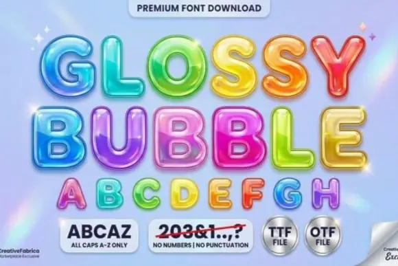 Glossy Bubble Display Font – Cute 3D Balloon-Style Typeface with Thick Outlines for Kids Designs, Stickers, Party Invitations, Apparel, Crafts & Playful Creative Projects