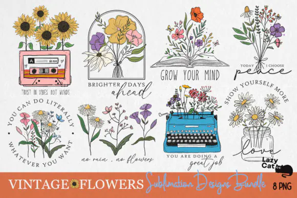 Vintage Flowers Sublimation Bundle, Floral PNG Bundle, Vintage Flower Clipart for Sublimation, Botanical PNG Designs, Watercolor Floral Tumbler PNG, Retro Flower Sublimation Pack