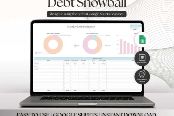Debt Snowball Spreadsheet – Simple Google Sheets Debt Payoff Planner, Debt-Free Journey Dashboard, Payment Schedule Tracker, Monthly Debt Progress Chart, Extra Payment Calculator & Transaction Log