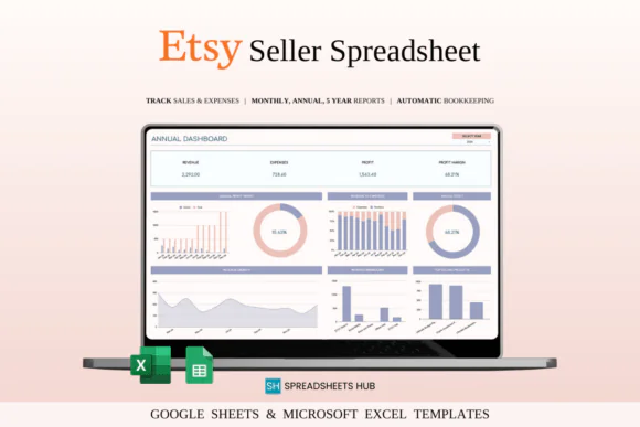 Etsy Seller Bookkeeping Spreadsheet for Excel & Google Sheets, Etsy Shop Income and Expense Tracker, Sales Profit Dashboard, Product Performance Tracker, Ad ROAS Calculator, 5-Year Financial Projectio