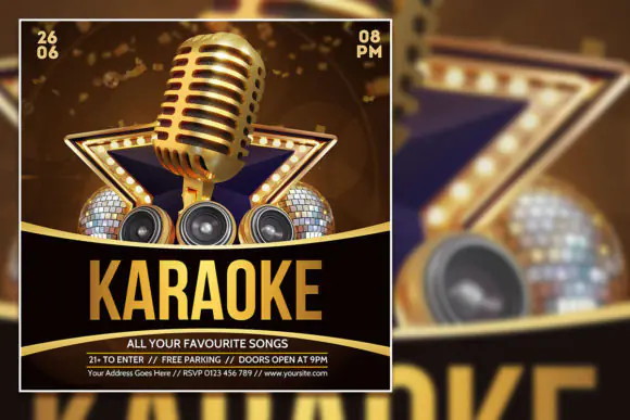 Black Gold Karaoke Social Media Post Template, Editable Podcast Flyer PSD, Karaoke Night Event Invitation, Talk Show Promo Photoshop Design