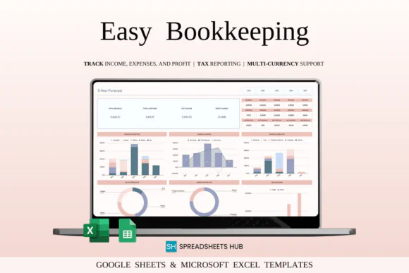 Small Business Bookkeeping Spreadsheet for Excel & Google Sheets, Income and Expense Tracker, Profit and Loss Statement, Sales Tax Tracker, Accounting Ledger, 5-Year Business Dashboard, Financial Plan