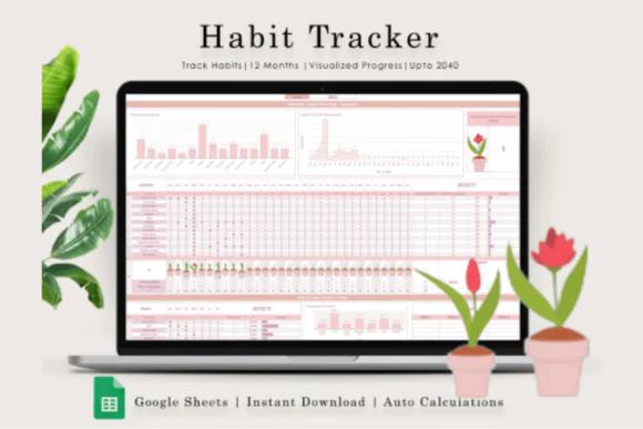 Sunflower Habit Tracker Spreadsheet for Google Sheets, Blush Pink Daily Habit Planner, Goal Tracker, Routine Planner, Current and Longest Streak Calculator, Monthly Progress Charts and Digital Product