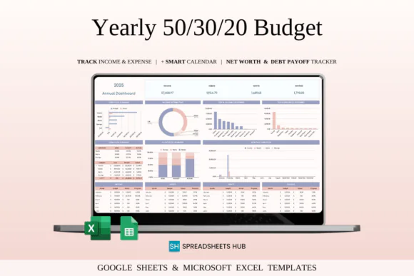 50/30/20 Annual Budget Planner Spreadsheet – Excel & Google Sheets Yearly Budget Template, Needs Wants Savings Tracker, Personal Finance Planner, Monthly Expense Organizer & Annual Money Management To