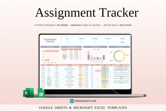 Assignment Tracker Spreadsheet Template for Google Sheets & Excel, Student Homework Planner, Exam and Project Deadline Tracker, Academic Task Organizer, Study Progress Dashboard, School and College As